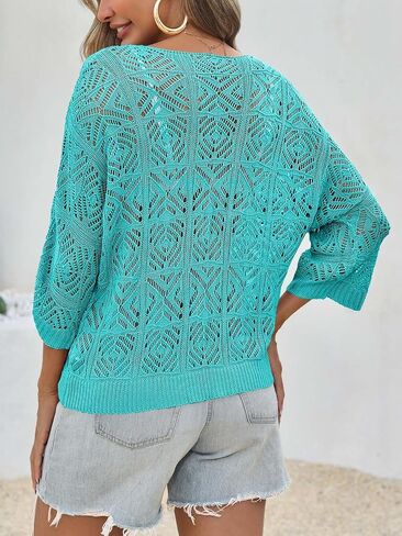 Saodimallsu الكروشيه Womens Cover أعلى الصيف 3/4 كم قبالة القمصان سترة الكتف شبكة بوهو الشاطئ التستر على التستر in Kuwait