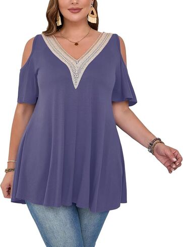 قمصان LARACE ذات الكتف البارد للنساء، قمصان صيفية مقاس كبير، قمصان تونيك دانتيل برقبة على شكل حرف V وأكمام قصيرة لارتدائها مع السراويل الضيقة in Kuwait