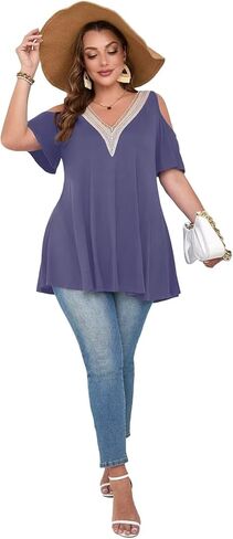 قمصان LARACE ذات الكتف البارد للنساء، قمصان صيفية مقاس كبير، قمصان تونيك دانتيل برقبة على شكل حرف V وأكمام قصيرة لارتدائها مع السراويل الضيقة in Kuwait