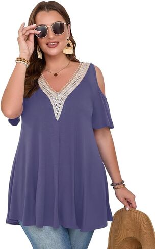 قمصان LARACE ذات الكتف البارد للنساء، قمصان صيفية مقاس كبير، قمصان تونيك دانتيل برقبة على شكل حرف V وأكمام قصيرة لارتدائها مع السراويل الضيقة in Kuwait