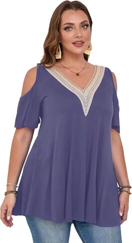 قمصان LARACE ذات الكتف البارد للنساء، قمصان صيفية مقاس كبير، قمصان تونيك دانتيل برقبة على شكل حرف V وأكمام قصيرة لارتدائها مع السراويل الضيقة in Kuwait