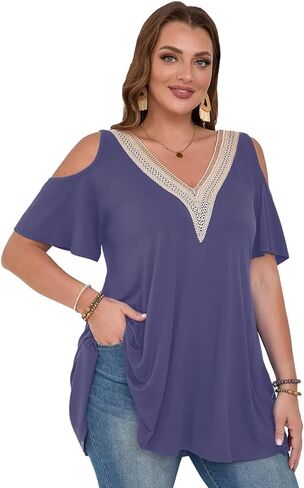 قمصان LARACE ذات الكتف البارد للنساء، قمصان صيفية مقاس كبير، قمصان تونيك دانتيل برقبة على شكل حرف V وأكمام قصيرة لارتدائها مع السراويل الضيقة in Kuwait