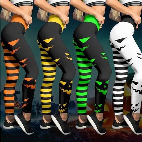 JIFRE Nude Feeling Pumpkin Head Stripes Print Slim High Waist Long Halloween Leggings for Women Halloween Party Yoga Workout in Saudi Arabia