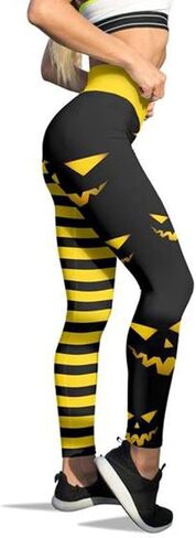 JIFRE Nude Feeling Pumpkin Head Stripes Print Slim High Waist Long Halloween Leggings for Women Halloween Party Yoga Workout in Saudi Arabia