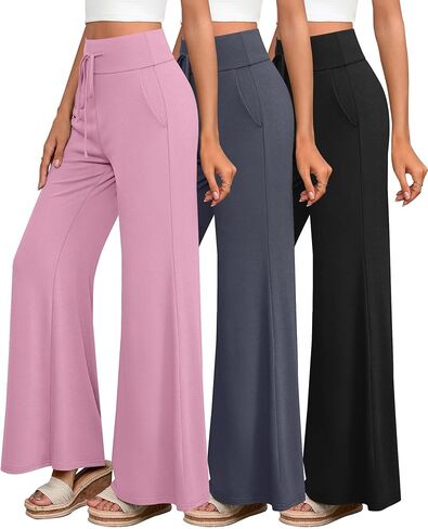 مجموعة من 3 سراويل بالازو للسيدات مع جيوب كاجوال واسعة الساق وخصر عالٍ ورباط وقابل للتمدد in Kuwait