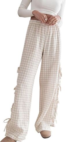 Sunloudy Women Y2K Wide Leg Gingham Pants Elastic High Waist Side Tie Loose Fit Plaid Trouser Lounge Pants in Kuwait