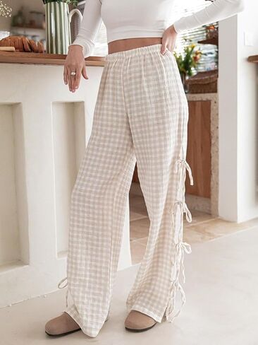 Sunloudy Women Y2K Wide Leg Gingham Pants Elastic High Waist Side Tie Loose Fit Plaid Trouser Lounge Pants in Kuwait