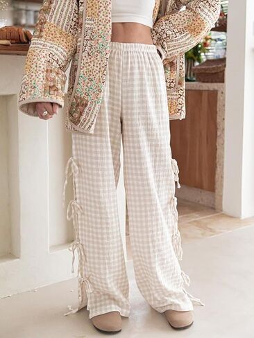 Sunloudy Women Y2K Wide Leg Gingham Pants Elastic High Waist Side Tie Loose Fit Plaid Trouser Lounge Pants in Kuwait