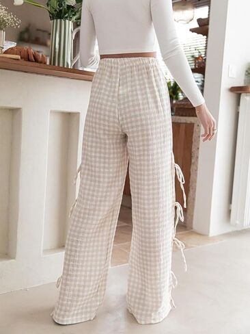 Sunloudy Women Y2K Wide Leg Gingham Pants Elastic High Waist Side Tie Loose Fit Plaid Trouser Lounge Pants in Kuwait