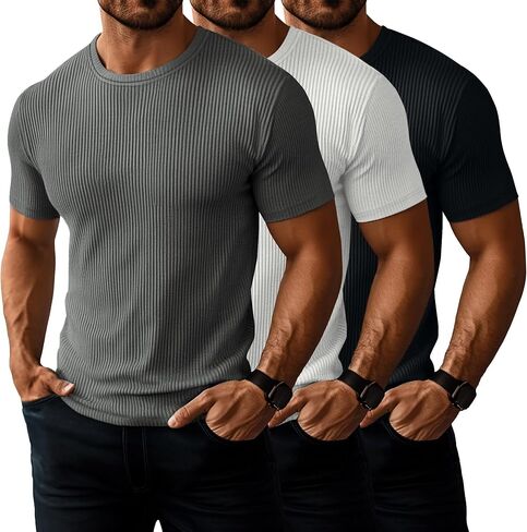 Huukeay 3 Pack Men's T-Shirts Crewneck Short Sleeve Muscle Shirts Ribbed Gym Workout Casual Slim Fit Tops in Kuwait