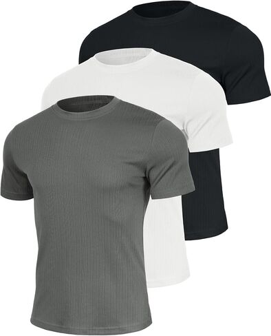 Huukeay 3 Pack Men's T-Shirts Crewneck Short Sleeve Muscle Shirts Ribbed Gym Workout Casual Slim Fit Tops in Kuwait