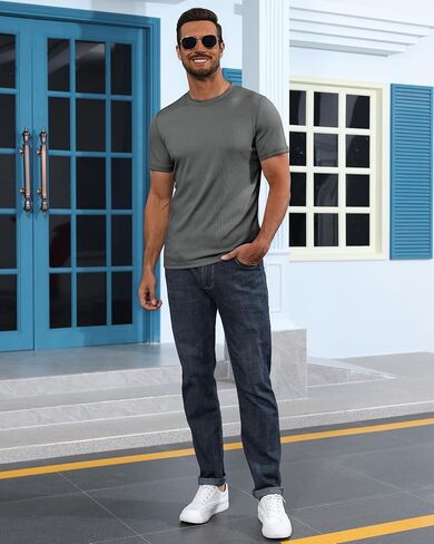 Huukeay 3 Pack Men's T-Shirts Crewneck Short Sleeve Muscle Shirts Ribbed Gym Workout Casual Slim Fit Tops in Kuwait
