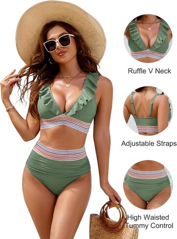 BMJL نساء بيكيني عالية الخصر مجموعات Ruched بطن السيطرة على ملابس السباحة بلوك كتلة الكشكش الخام in Kuwait