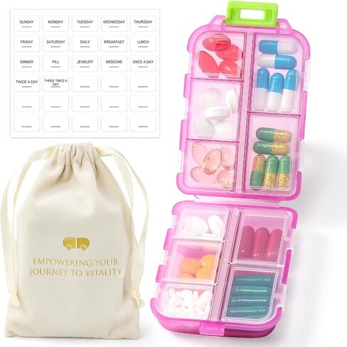 1 Pack Travel Handy Pill Organizer/Holder Box w Labels & 1 Drawstring Pouch, Small 10 Compartments Pocket Pharmacy Portable Medicine Container Case - Daily Weekly Medication Organizer - Purple in Saudi Arabia