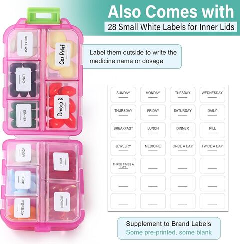 1 Pack Travel Handy Pill Organizer/Holder Box w Labels & 1 Drawstring Pouch, Small 10 Compartments Pocket Pharmacy Portable Medicine Container Case - Daily Weekly Medication Organizer - Purple in Saudi Arabia