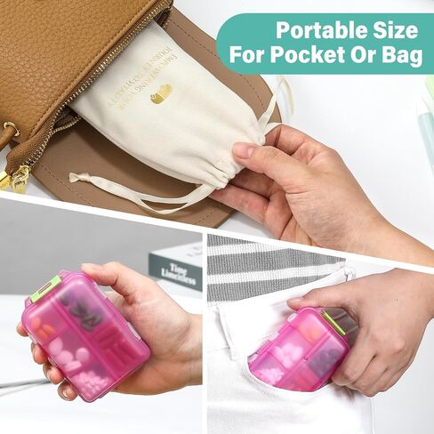 1 Pack Travel Handy Pill Organizer/Holder Box w Labels & 1 Drawstring Pouch, Small 10 Compartments Pocket Pharmacy Portable Medicine Container Case - Daily Weekly Medication Organizer - Purple in Saudi Arabia