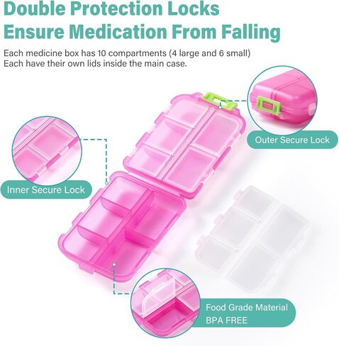 1 Pack Travel Handy Pill Organizer/Holder Box w Labels & 1 Drawstring Pouch, Small 10 Compartments Pocket Pharmacy Portable Medicine Container Case - Daily Weekly Medication Organizer - Purple in Saudi Arabia