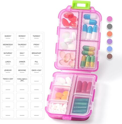 1 Pack Travel Handy Pill Organizer/Holder Box w Labels & 1 Drawstring Pouch, Small 10 Compartments Pocket Pharmacy Portable Medicine Container Case - Daily Weekly Medication Organizer - Purple in Saudi Arabia