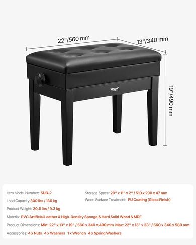VEVOR Piano Bench, 22" x 13" x 19.3", Keyboard Piano Chair with 19.3"-22.8" Adjustable Height, Padded Cushion, Storage Compartment for Music Books, Wooden Piano Stool Seat, for Vanity, Living Room in Saudi Arabia