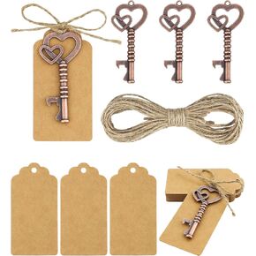 25 PCS Vintage Skeleton Key Bottle Openers, Party Return Gifts for Guests, Key Bottle Opener with Escort Card Tag and Twine for Wedding Party Favors Rustic Decoration (Red Copper)
