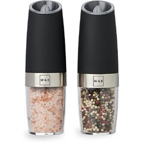 مجموعة من Willow & Everett Electric Electric Salt and Pepper Grinder - 2 من موزعات الملح والفلفل التلقائي التي تعمل بالبطارية - طاحونة وفرد من الفولاذ الأسود والفولاذ المقاوم للصدأ للتتابل