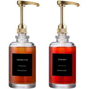 2024 Coffee Syrup Dispenser for Coffee Bar Accessories w/Large Leakproof Syrup Pump,Labels, Coffee Station Accessories, 500ml Glass Bottle Set of 2, Golden Kitchen Accessories Essentials