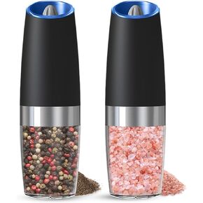 Gravity Electric Salt and Pepper Grinder set of 2, Automatic Salt And Pepper Grinder Set, Adjustable Roughness, Battery Powered, LED Light, 2 Pack Set, (Black)
