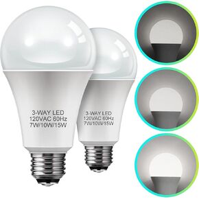 3 Way Light Bulbs, LOHAS 3 Way LED Light Bulbs 50 100 150W Equivalent, Daylight White 5000K, Three Way A19 Light Bulbs, E26 Base LED Bulbs for Desk Lamps, Floor Lamps, Table Lamps, 2 Pack