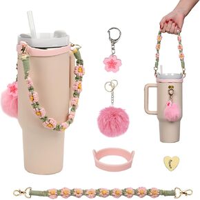 Wongeto Stanley Cup Accessories Set Including Water Bottle Handle Strap, Stanley Charms Cute Keychain for Stanley 30oz 40oz Tumbler Stanley Accessories- Bohemian Woven Stanley Handle Strap