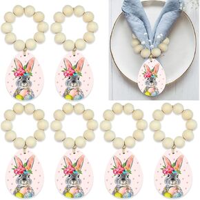 QNNEFF 6 Pieces Easter Napkin Rings Easter Bunny Napkin Rings Wood Beads Napkin Ring Holders Easter Eggs Napkin Rings Farmhouse Napkin Rings Cute Rabbit Napkin Ring Holders for Easter Dining Table