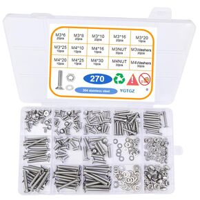 270pcs M3/M4 x (6cm,8cm,10cm,16cm,20cm,25cm,30cm) Flat Head Socket Cap Screws Bolts Button Head Socket Cap Screws Nuts Assortment Kit,Stainless Steel (304)
