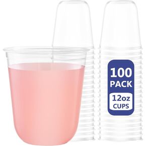 WELLIFE 12 oz Clear Plastic Cups, 100 Pcs Disposable Wine Glasses Stemless Cocktail Punch Cups for Cold Drinking Party Supplies, Easter, Valentine's day