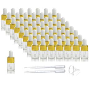 50 Pack,2ml Clear Glass Dropper Vial for Essential Oils,Empty Glass Eye Dropper Bottle With Golden Aluminum Lid,Pure Glass Pipette Travel Sample Test Perfume Liquid Container-Pipette&Funnel Included