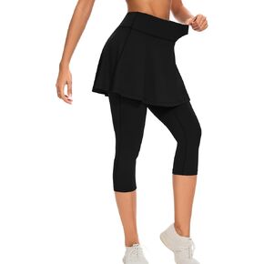 WOWENY Tennis Skirted Leggings with Pockets for Women Active Ruffle Pleated Golf Capris with Skort Pickleball Yoga Running