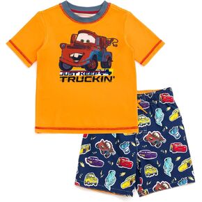 Disney Pixar Cars Lightning McQueen Rash Guard and Swim Trunks Outfit Set Toddler to Little Kid