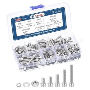 250pcs #8-32 Socket Head Cap Screws Bolts Nuts Assortment Kit - [5/16" to x1] 304 Stainless Steel Allen Socket Drive for 3D Printer