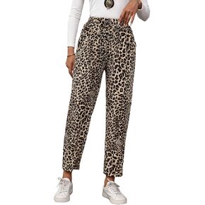 Floerns Women's Leopard Print Drawstring Elastic Waist Sweatpants Corduroy Straight Leg Casual Pants