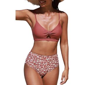 CUPSHE Women's Bikini Sets Two Piece Swimsuit High Waisted V Neck Twist Front Cutout Back Hook Adjustable Straps