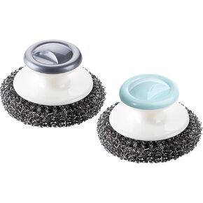 2 Pack Stainless Steel Scrubber with Handle,Heavy Duty Stainless Steel Wool Scrubber Cleaning Brush Wash for Dish for Pots, Pans, Grills, Ovens & Other Tough Jobs (Grey, Blue)