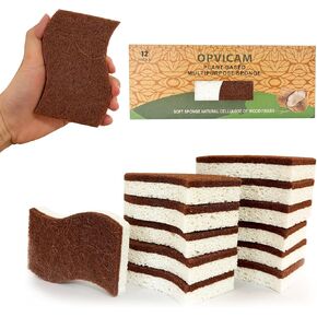 Natural Kitchen Sponge - Biodegradable, Compostable Cellulose & Coconut Scrubber Sponge - Pack of 12 Eco-Friendly Sponges for Dishes