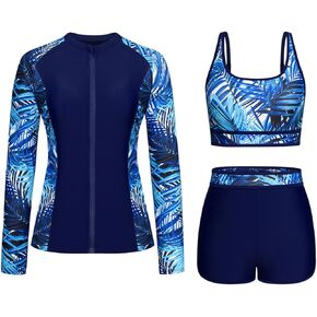 Women's Long Sleeves Rash Guard Athletic Swim Aztec Tankini Sets Swimsuit
