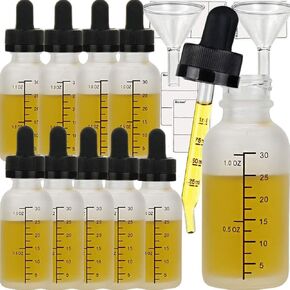 12pcs 30ml Glass dropper eliquid bottle Dropper with non-childproof caps measure scale and strong suction Nozzle bottle with funnel and tags (White Glass, 30ml x 12pcs)