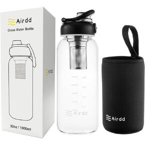 Glass Water Bottles with Stainless Tea Infuser 32oz, BPA-Free, Wide Mouth, Leakproof, Protective Sleeve, Borosilicate Glass for Tea and Fruit Infusions, Durable Travel Companion, Reusable Bottle