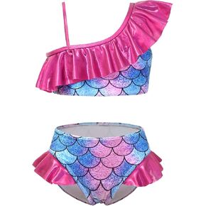 CHILDRENSTAR Girls 2 Piece Bathing Suit Shinny Metallic Ruffles One Shoulder Swimsuits Bikini Set