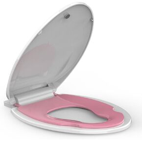 Round Toilet Seat with Built-in Toddler Seat for Easy Potty Training – Slow Close Feature,Easy Install and Clean, Perfect for Both Adults and Children,White and Pink