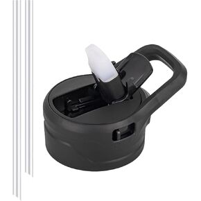 Replacement Straw Lid with Carrying Handle for IDEUS Wide Mouth 12 18 24 32 40 64 oz Insulated Sports Water Bottles, BPA Free, 2 Straws, Black