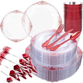 Hioasis 350PCS Clear and Red Plastic Plates, Red Dinnerware Set for 50 Guests Include 50 Dinner Plates,50 Dessert Plates,50 Pre Rolled Napkins with Cutlery Set,50 Cups Perfect for Valentine's Day