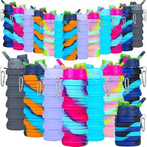 Sunnyray 20 Pack Collapsible Water Bottles 17oz Silicone Portable Water Bottle Bulk Foldable Leak Proof Water Bottle Reusable Sports Bottles with Clip for Travel Hiking Camping Outdoor(Camouflage)