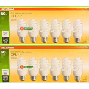 LEDVANCE (12 Bulbs) Sylvania CFL T2 Twist Light Bulb, 2700K Soft White, 60 watt Equivalent, Efficient 13 watts, 850 Lumens, Medium Base - 12 Pack Compact Fluorescent