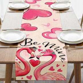 Valentines Day Flamingo Table Runner, Pink Love Hearts Be Mine Kitchen Dining Table Decoration, Anniversary Wedding Burlap Indoor Outdoor Home Decor Party Supply 13 x 72 Inches